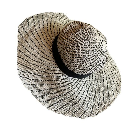 White Black Wide Brim Sun Hat Paper Straw Cynthia Rowley - Picture 1 of 8